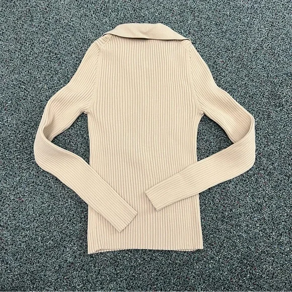 ZARA Beige Ribbed Collared Long-Sleeve Modest Shirt Top Sweater Silver Snaps M - Picture 6 of 12